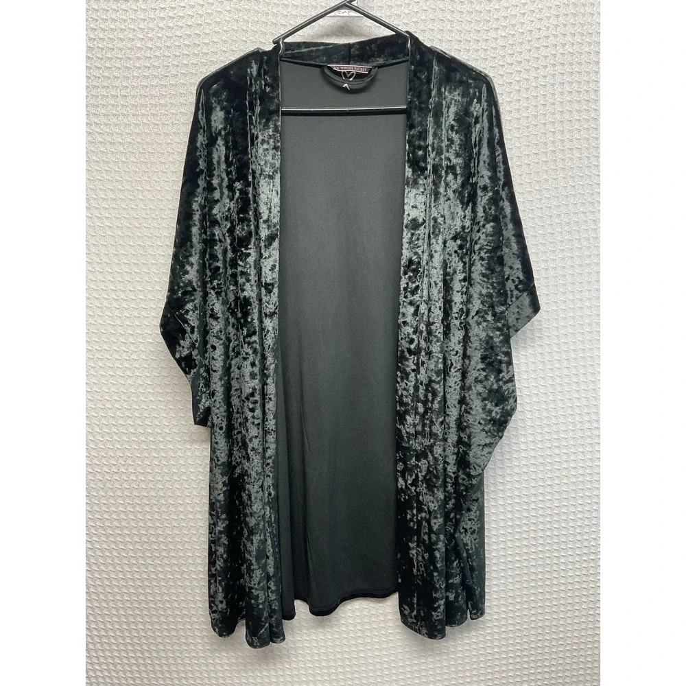 Victoria's Secret Black Crushed Velvet Kimono Open Front Robe Cover Up One Size